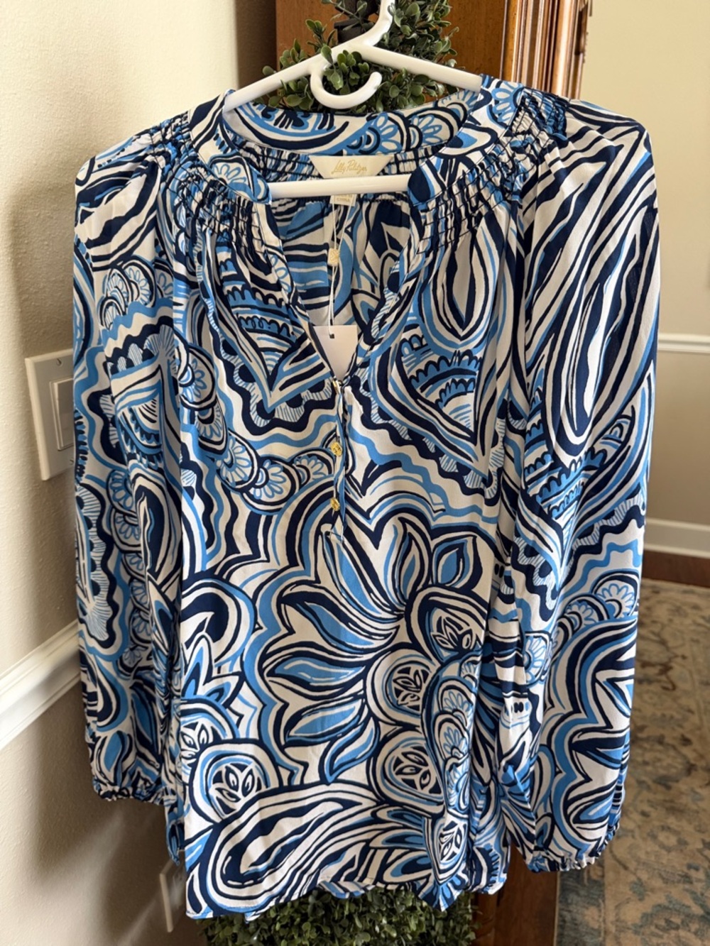 Lilly Pulitzer Navy & Light Blue Floral Paisley Peasant Blouse